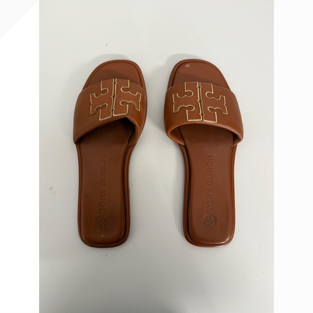 Tory Burch Eleanor Slide Tan Leather Gold Logo Flat Sandals Brown Womens 8